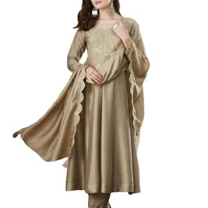 Colors Of Earth Women's Anarkali Kurta Set with Dupatta | Silk Blend Embroidered Long Flared Kurta and Pants Set | Ethnic Suit Set for Women | Wedding Festive Traditional Dress