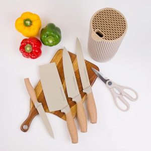 HomeEssentials 6 Piece Knife Set with Block | Razor-Sharp | German Engineered Knife Set | Lightweight and Strong | Chef, Kitchen, Veg, Bread, Tomato Knife | Dishwasher Safe